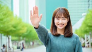 ビル街で手を上げる人