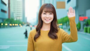 街中でマスタード色のセーターを着て手を上げる人