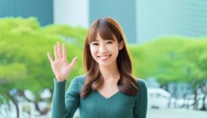 緑のニットで手を上げる人