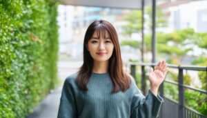 緑のトップスで手を上げる人(屋外の通路)