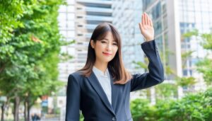 ビル街でスーツを着て手を上げる人
