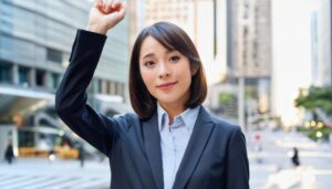 ビル街で腕を上げるスーツ姿の人