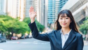 ビル街で手を上げるストライプのスーツの人