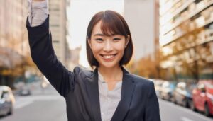 夕方の街で腕を上げるスーツ姿の人