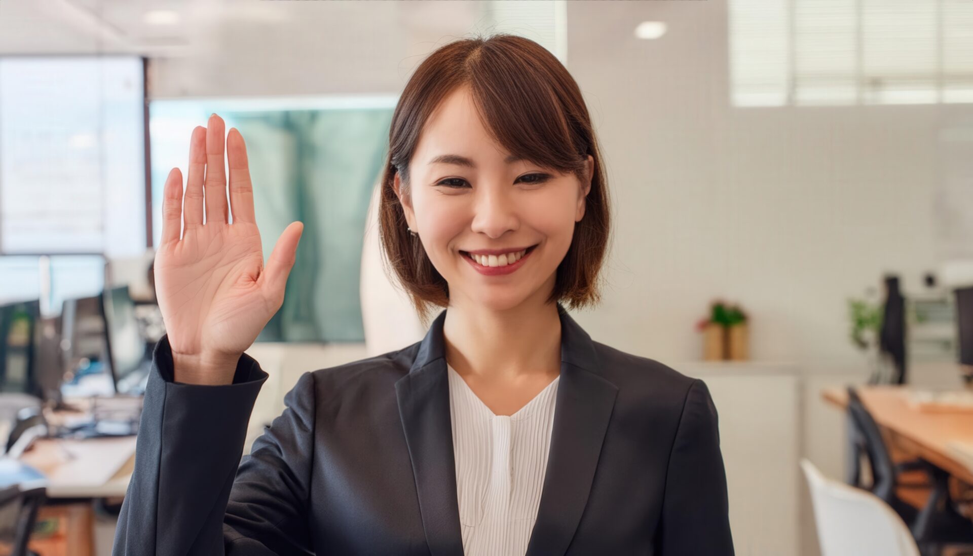 オフィスで手を上げるスーツ姿の人