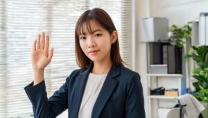 オフィスで手を上げるスーツ姿の人