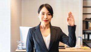 デスクの前で手を上げるスーツ姿の人
