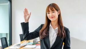 会議室で手を上げるスーツ姿の人