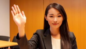会議室で挙手するスーツ姿の人