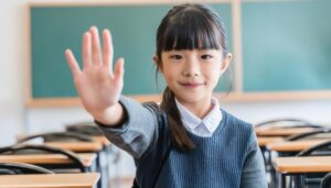 教室で手を上げる子供（前に差し出す）