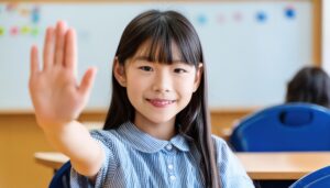教室で手を前に差し出す子供
