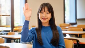 教室で挙手する笑顔の学生