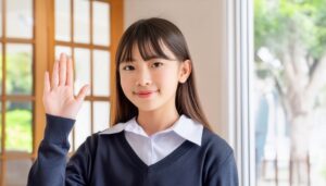 教室で挙手する笑顔の学生