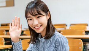 教室で挙手する笑顔の学生