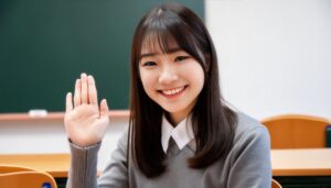 教室で挙手する笑顔の学生