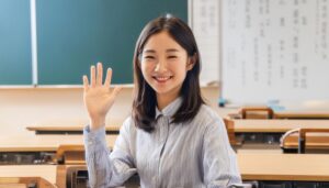 教室で挙手する笑顔の学生