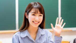 教室で挙手する笑顔の学生