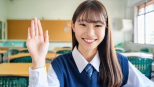 教室で挙手する笑顔の学生