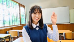 教室で挙手する笑顔の学生