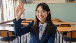 教室で挙手する笑顔の学生