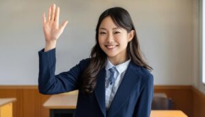 教室で挙手する笑顔の学生