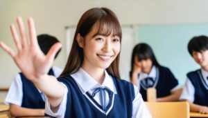 教室で挙手する笑顔の学生