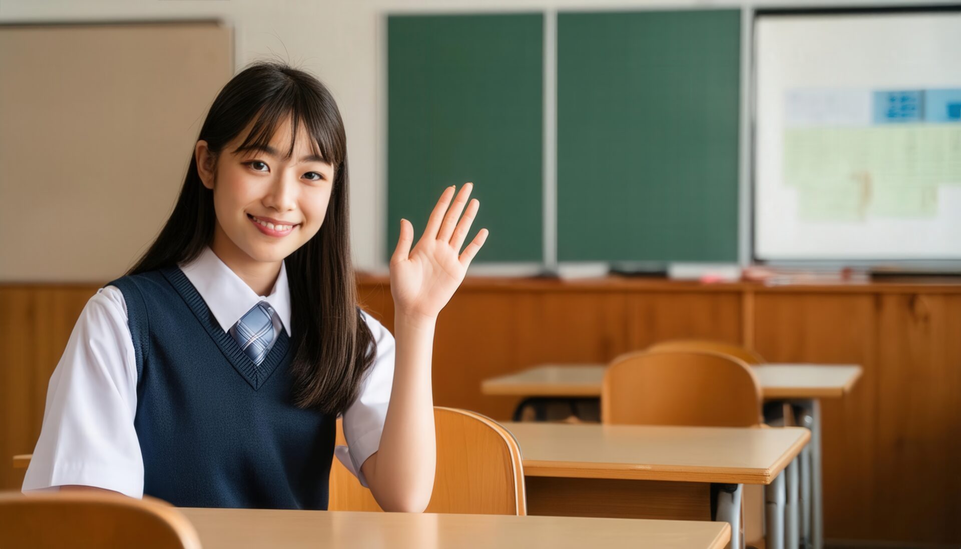 教室で挙手する笑顔の女子学生