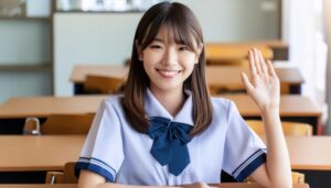 教室で挙手する笑顔の女子学生