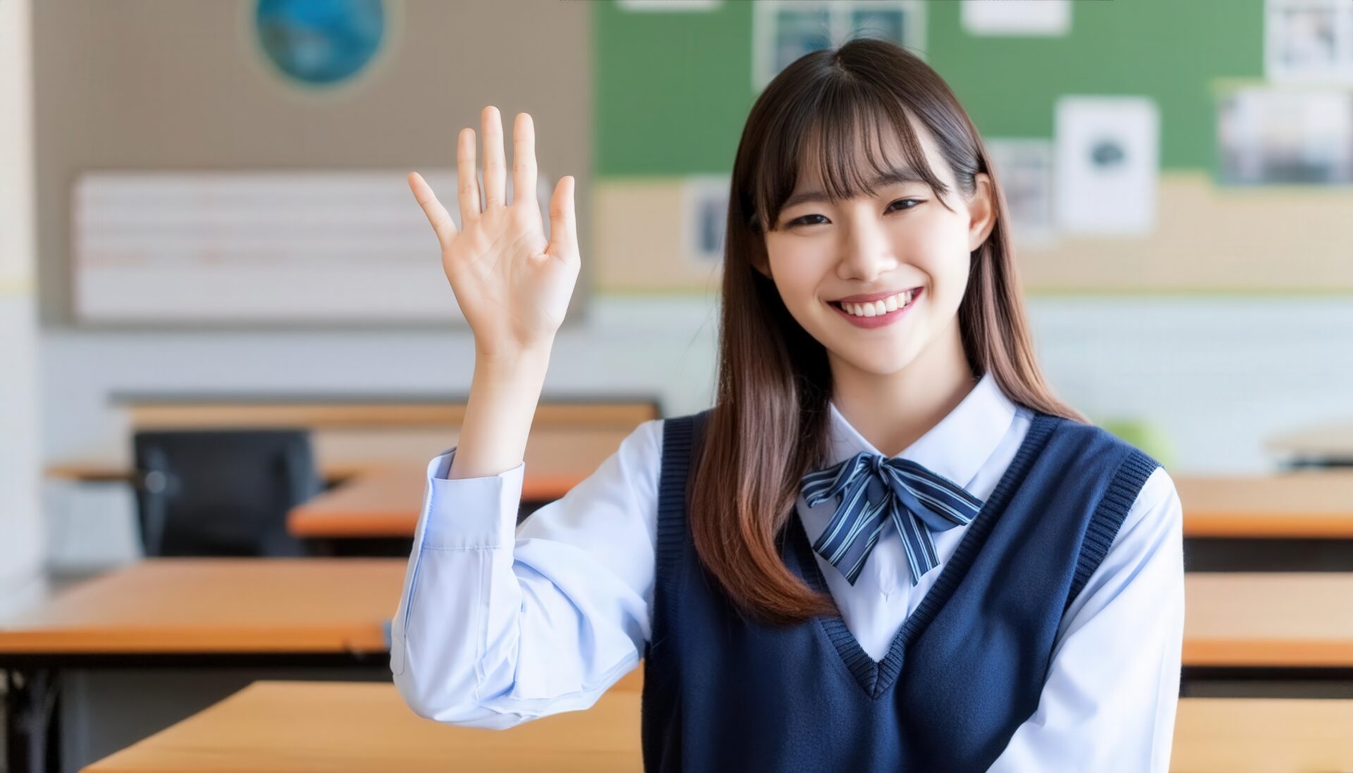 教室で挙手する笑顔の女子学生