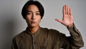 室内で挙手するブラウンシャツの男性