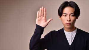 室内で挙手する黒いカーディガンの男性