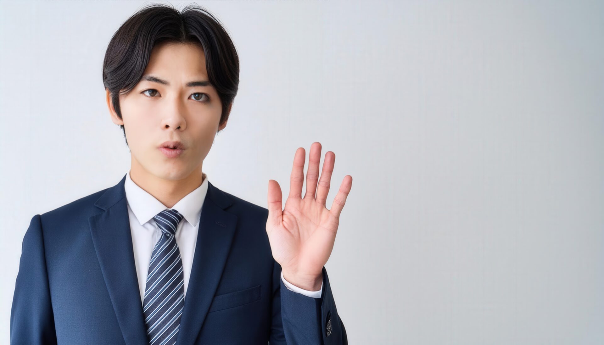 白背景で挙手するネイビースーツの人物