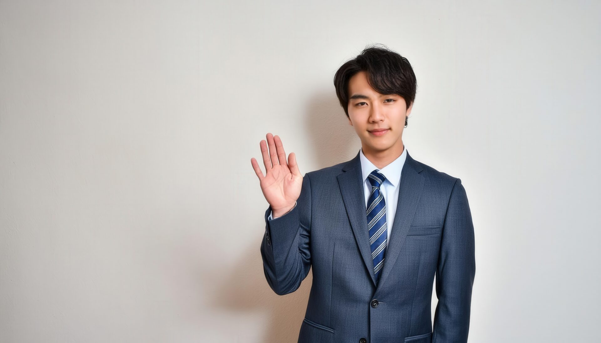 白背景で挙手するネイビースーツの人物