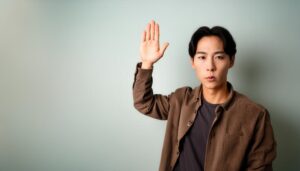 室内で挙手するブラウンシャツの人物