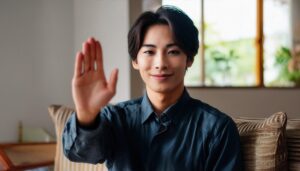 室内で挙手するダークシャツの人物