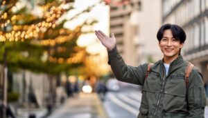 夕方の街中で手を振る人
