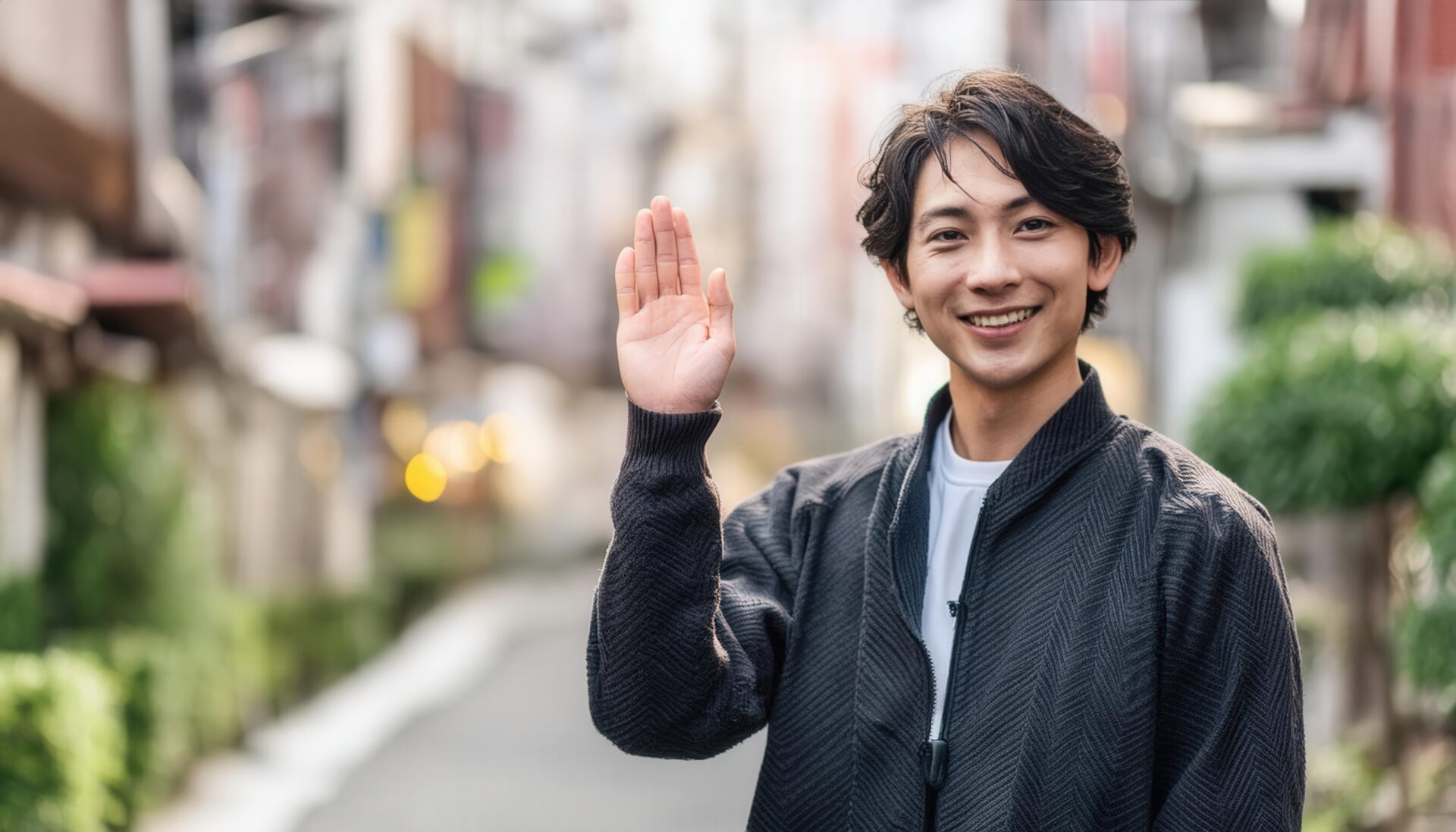 路地裏で手を振る人