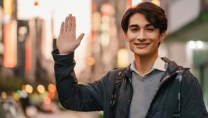 夕暮れの街で手を振る人