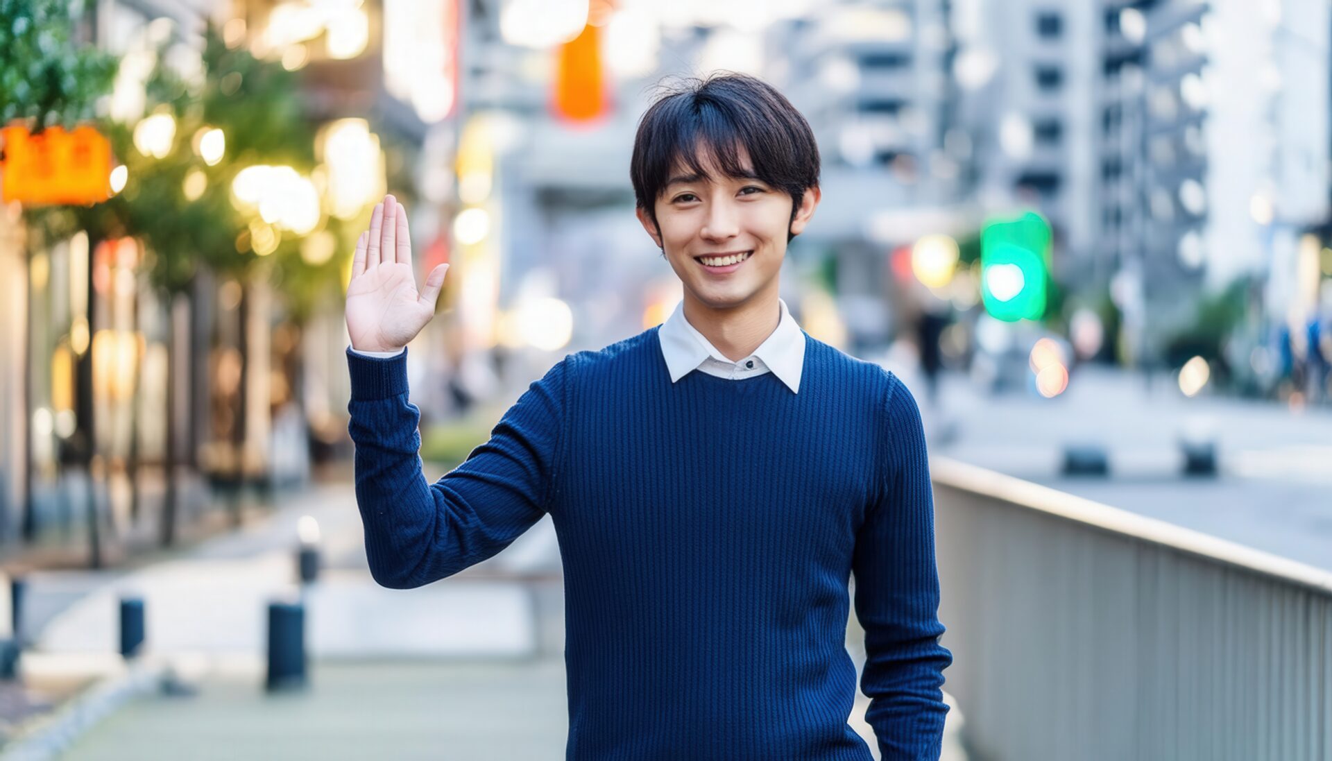 青いセーターで手を振る人