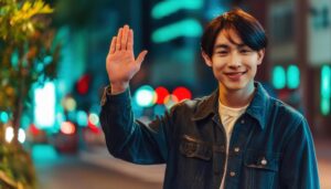 夜の街で手を振る人