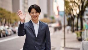 夕方の道路で片手を上げるスーツ姿の人