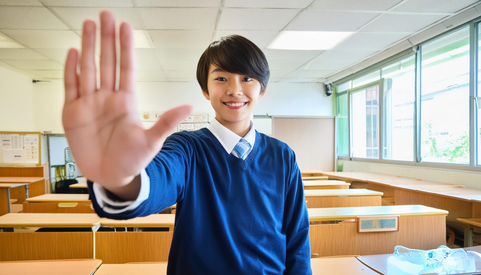 教室で片手を正面に向ける学生