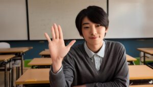 机に座り片手を上げる学生