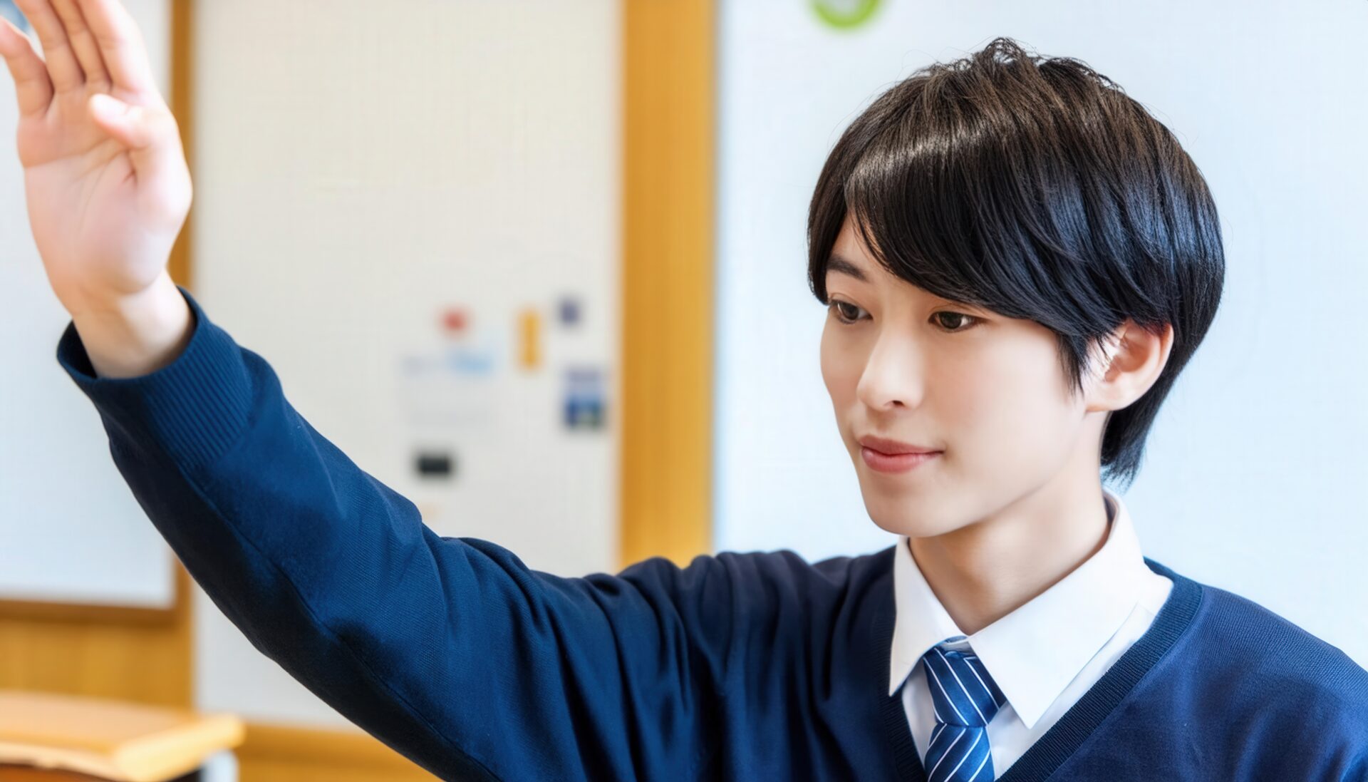 教室で上方に片手を上げる学生
