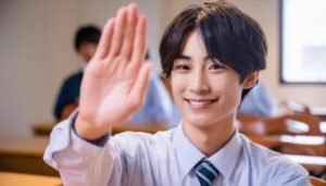 教室で片手を伸ばす学生