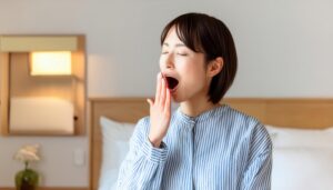 ベッドルームであくびをする女性