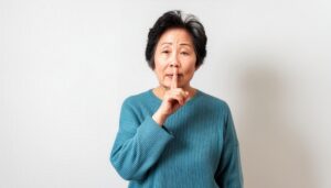 ショートヘアの人が口元に指を当てる