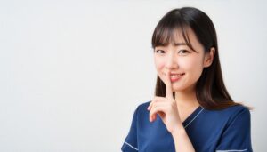 紺色の制服風トップスでシーのポーズをとる人