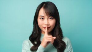 静かにするポーズをとる青い服の人物