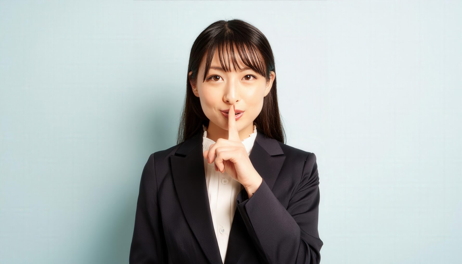 指を口元に当てて静かにと示すビジネスウーマン